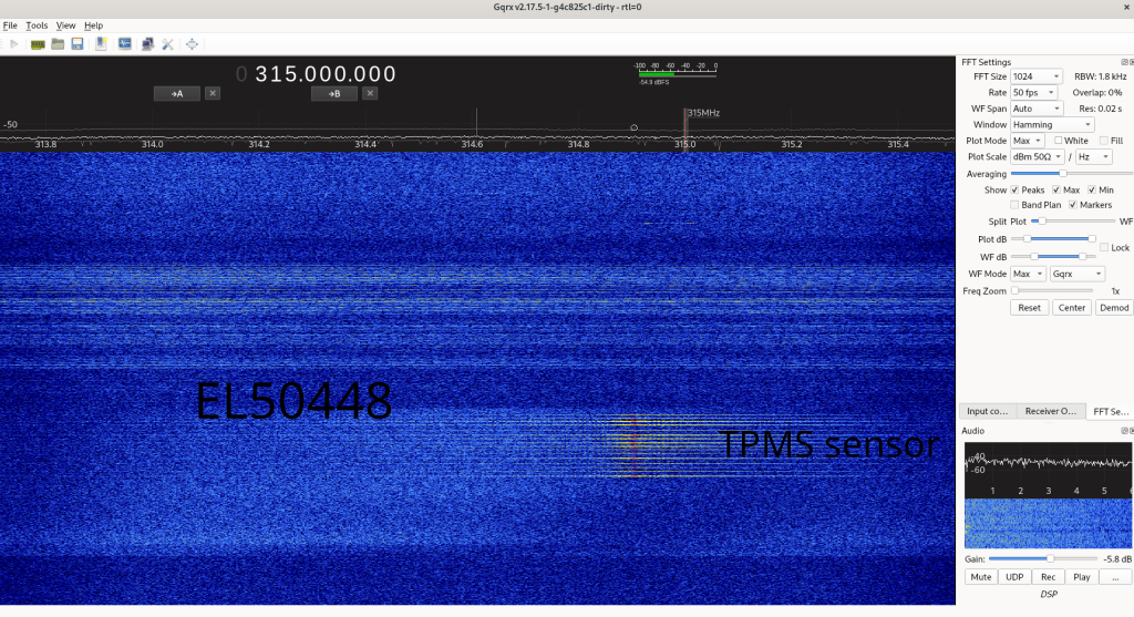 EL50448 triggering enumeration of TPMS sensor, sampled 150cm from tire with a dipole