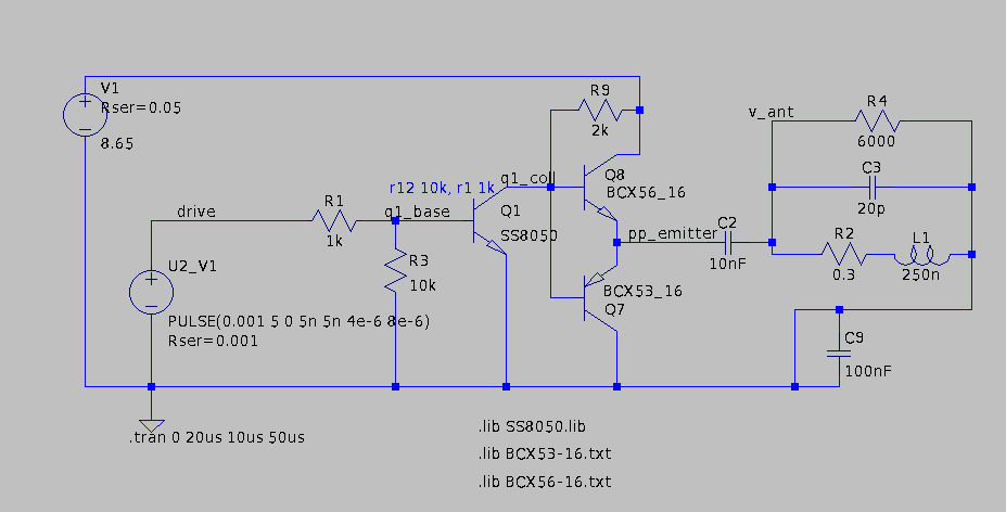 Schematic of the RF drive circuit; R2/C3/R3 are guesses of parasitics.