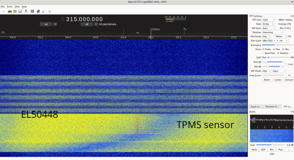 Screenshot from GQRX showing the EL50448 successfully waking up a TPMS sensor in the 315 MHz band.