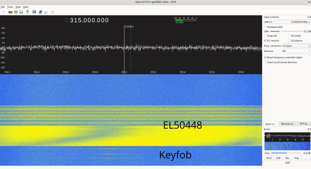 Screenshot from GQRX showing keyfob signals next to large noise signal from EL50448 in the 315 MHz band.