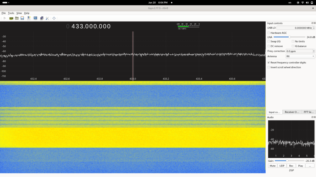 Screenshot from GQRX showing keyfob signals next to large noise signal from EL50448 in the 433 MHz band.