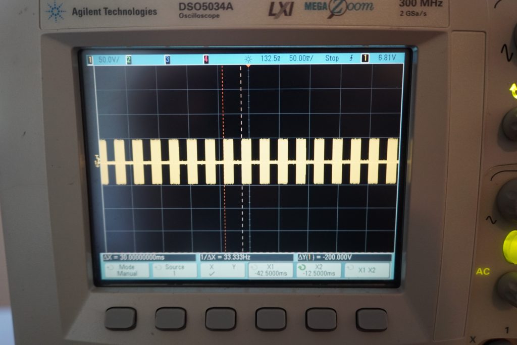 Scope showing 33 Hz on-off envelope for noise from EL50448.