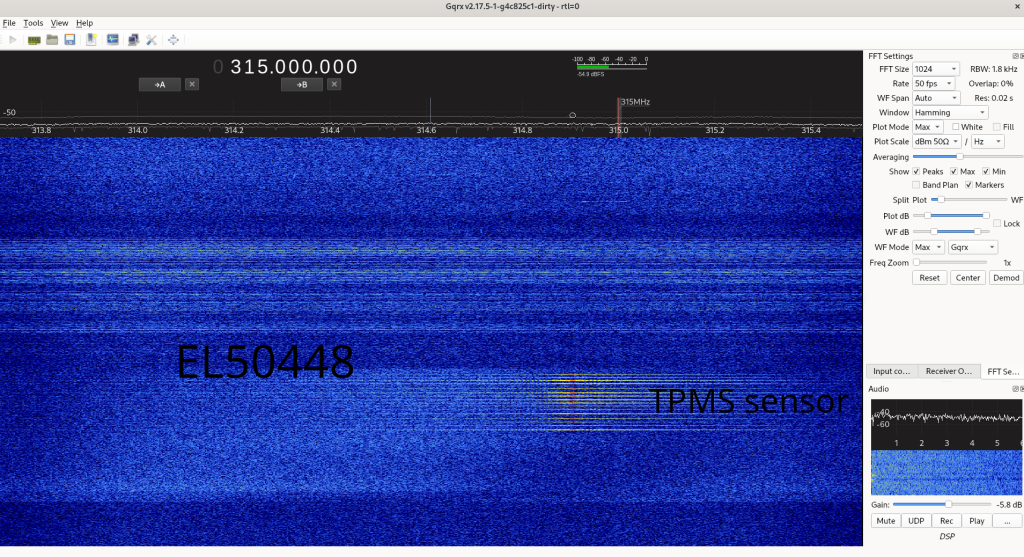 Screenshot from GQRX showing the EL50448 successfully waking up a TPMS sensor in the 315 MHz band, from the far field where the EL50448 is not as powerful but the TPMS sensor still is.