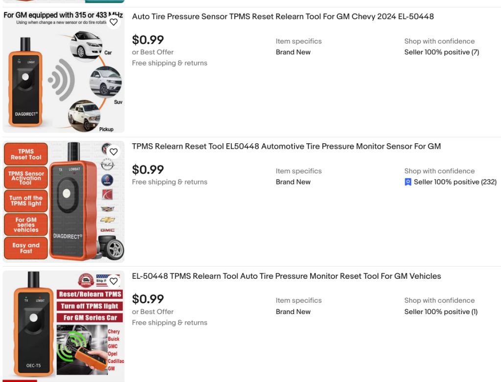 Screenshot of eBay listings for $0.99 EL50448 re-learn tools